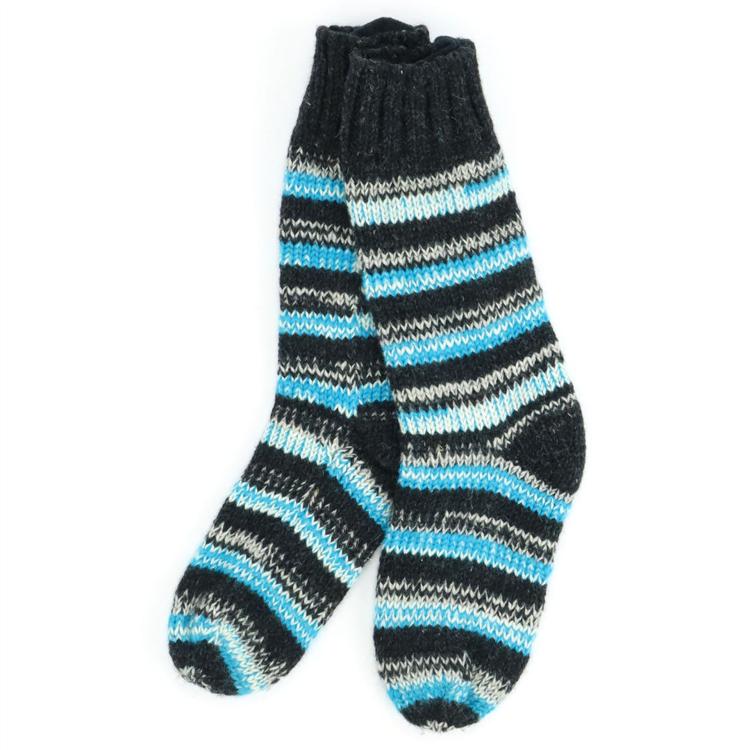 Hand Knitted Wool Slipper Socks - SD Light Blue Charcoal