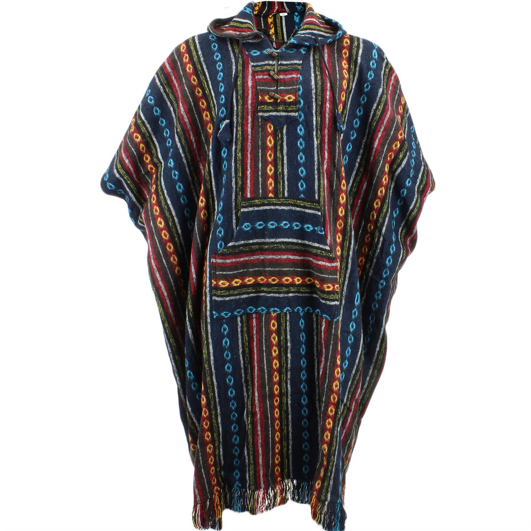 Brushed Cotton Long Hooded Poncho - Blue Red