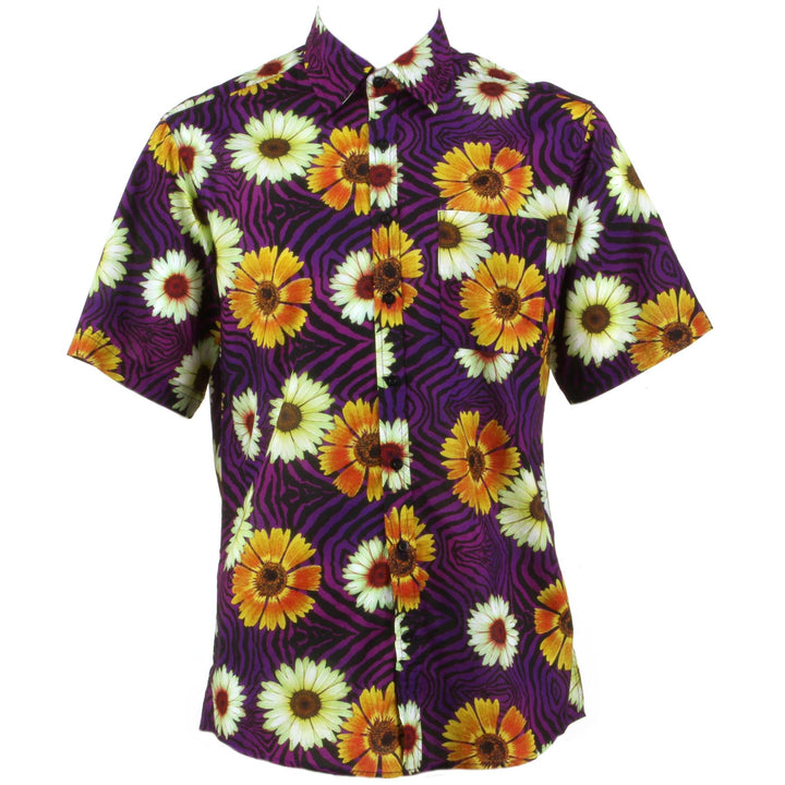 Regular Fit Short Sleeve Shirt - Orange Floral on Geometric Purple