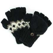 Wool Knit Fingerless Shooter Gloves - Fairisle Black
