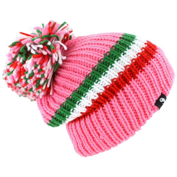 Chunky Acrylic Knit Beanie Hat with a MASSIVE Bobble - Pink