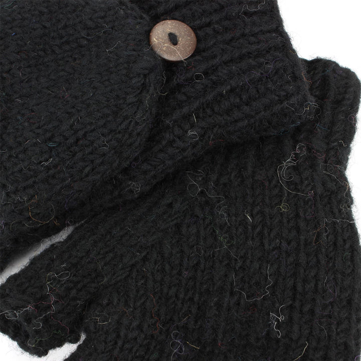 Chunky Wool Knit Fingerless Shooter Gloves - Plain - Black