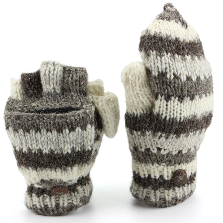 Chunky Wool Knit Fingerless Shooter Gloves - Stripe - Grey & White