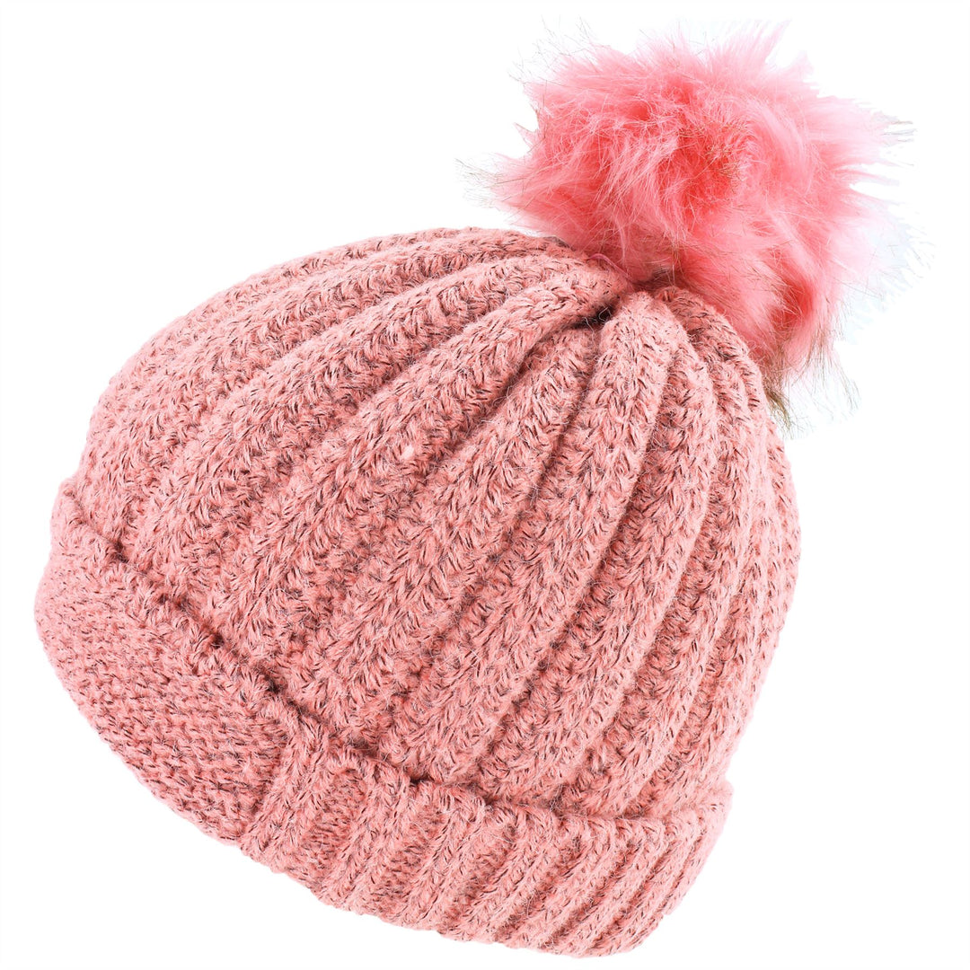 Chunky Knit Beanie Hat with Thick Fleece Lining and Faux Fur Bobble - Pink