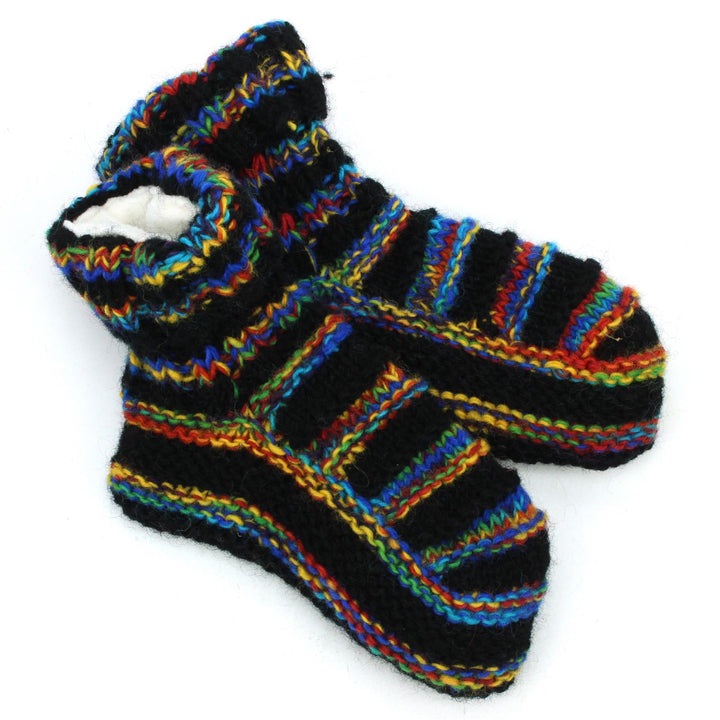 Hand Knitted Wool Ankle Socks - Stripe Black Rainbow SD