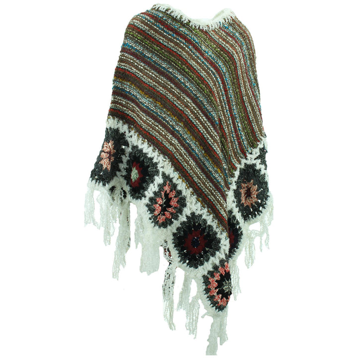 Granny Squares Crochet Poncho Long - Brown Multi/White
