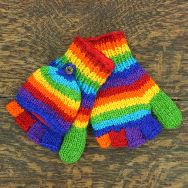 Hand Knitted Wool Shooter Gloves - Stripe Bright Rainbow