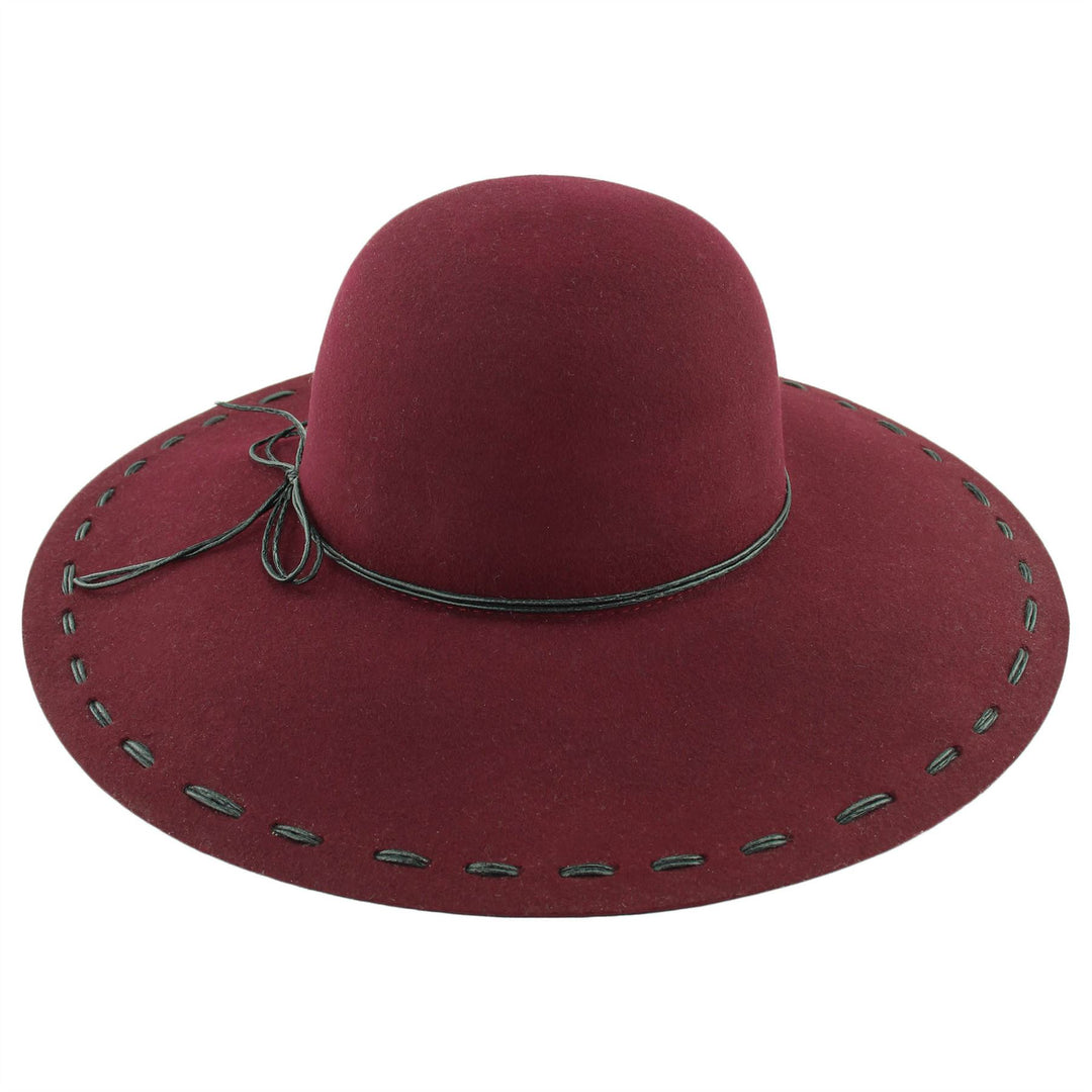 100% Wool felt wide brim floppy hat with cord band - Wine (57cm)