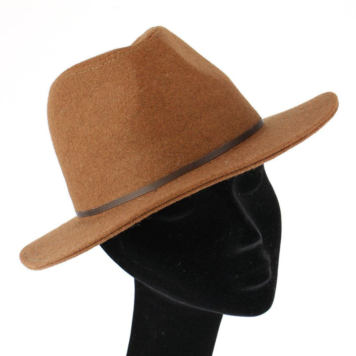 Wool fedora hat with flat brim and skinny contrast band - Brown (57cm)