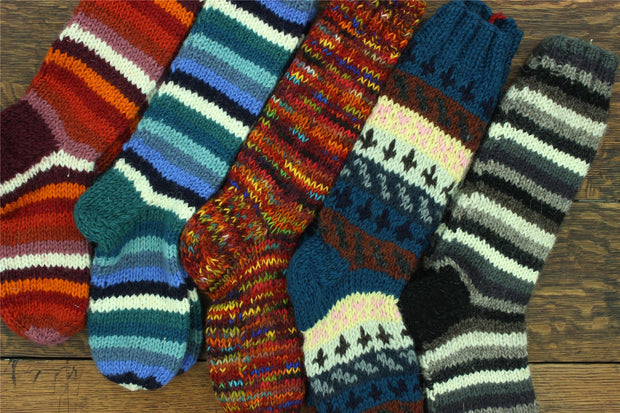 Hand Knitted Wool Long Socks - Stripe Navy Pink Pattern