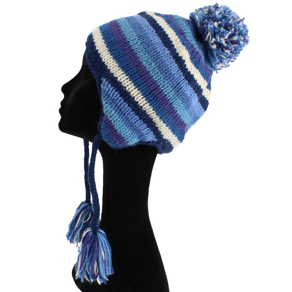 Wool Knit Earflap Bobble Hat - Stripe Blue White