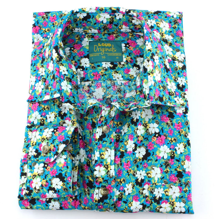 Tailored Fit Long Sleeve Shirt - Multi-coloured Floral on Turquoise