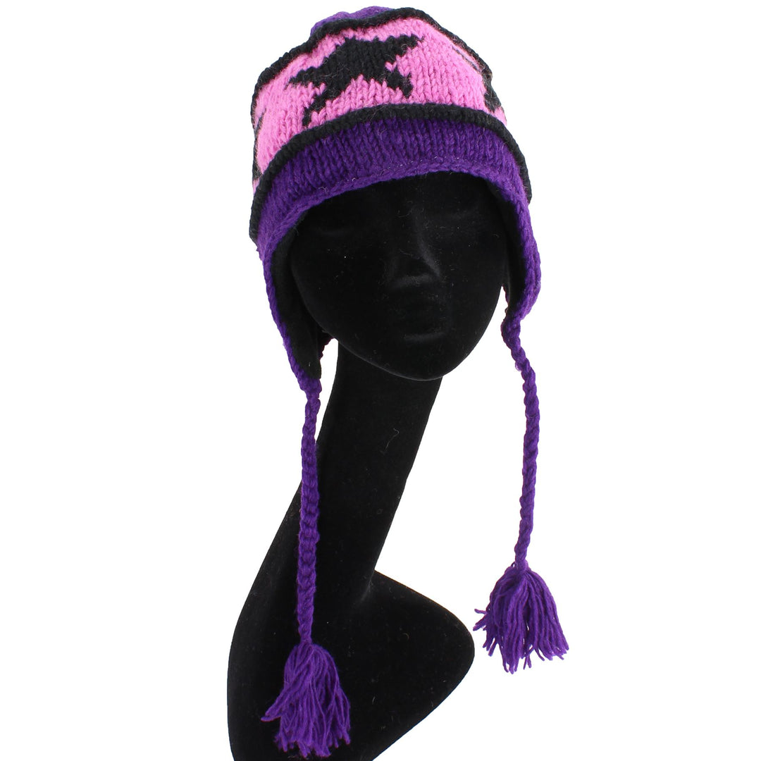 Wool Knit Earflap Tassel Hat - Star Purple