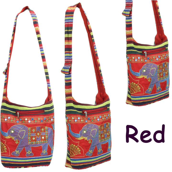 Embroidered Elephant Canvas Sling Shoulder Bag - Red