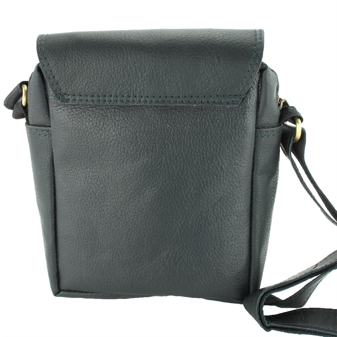 Real Leather Shoulder Bag with Front Zip - Black