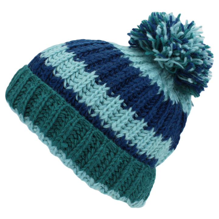 Chunky Wool Knit Baggy Slouch Striped Beanie Bobble Hat - Blue