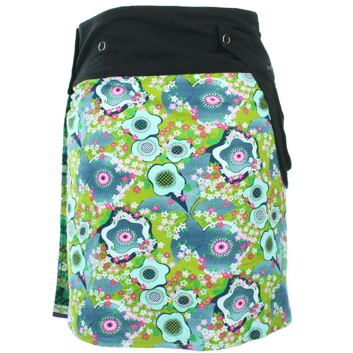 Reversible Popper Wrap Knee Length Skirt - Green Patch Strips / Floral Oyster