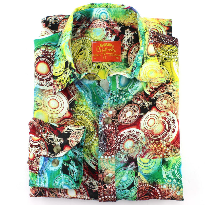 Tailored Fit Long Sleeve Shirt - Yellow & Red Psychedelic Swirls