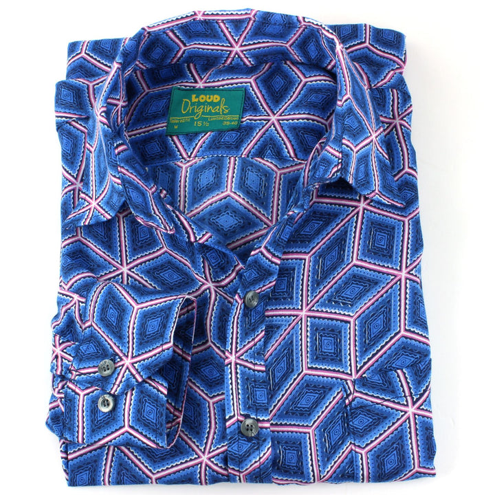 Tailored Fit Long Sleeve Shirt - Blue Abstract Diamonds