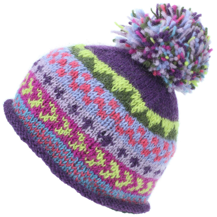 Wool Knit Beanie Bobble Hat - Chevron - Purple