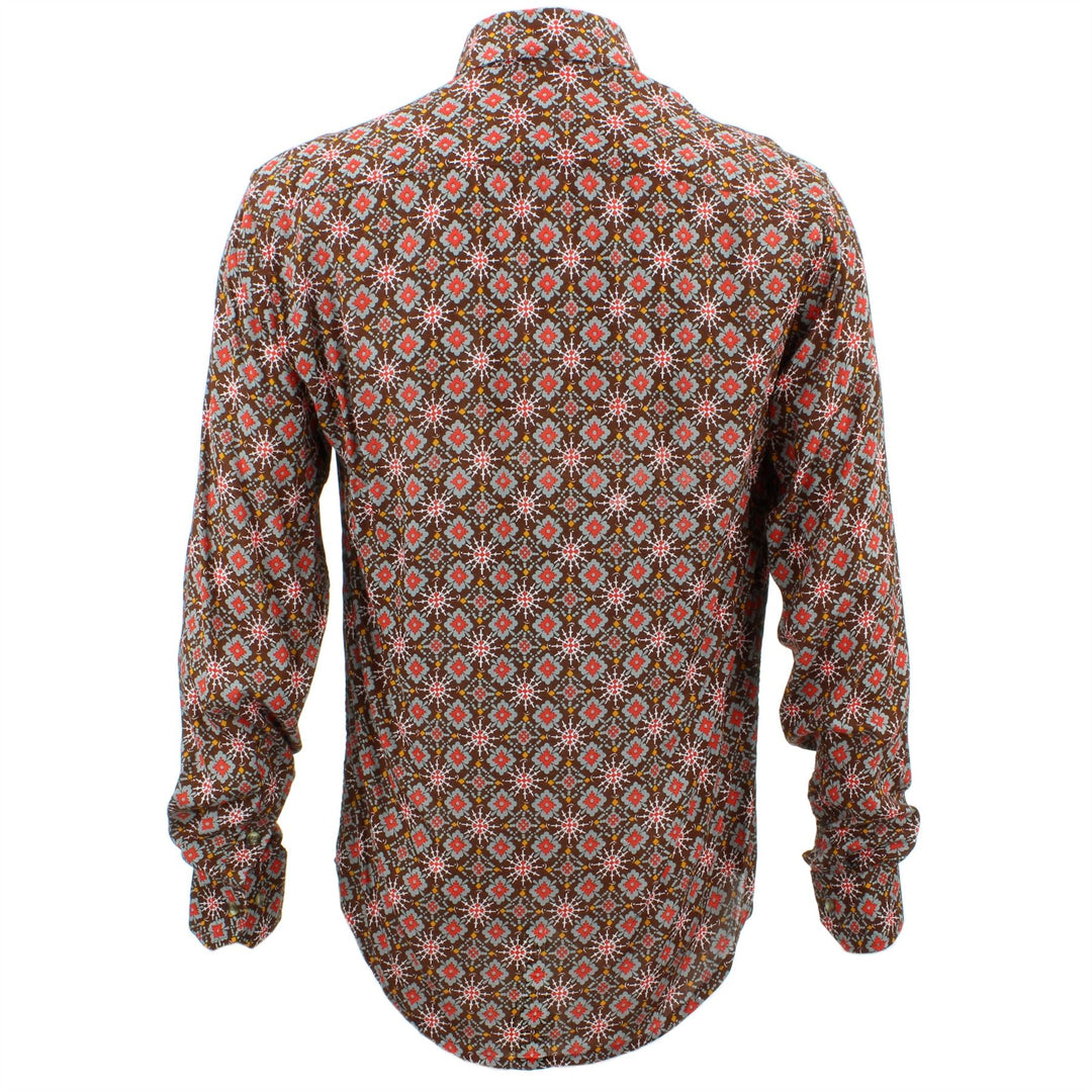 Tailored Fit Long Sleeve Shirt - Red & Grey Abstract on Brown