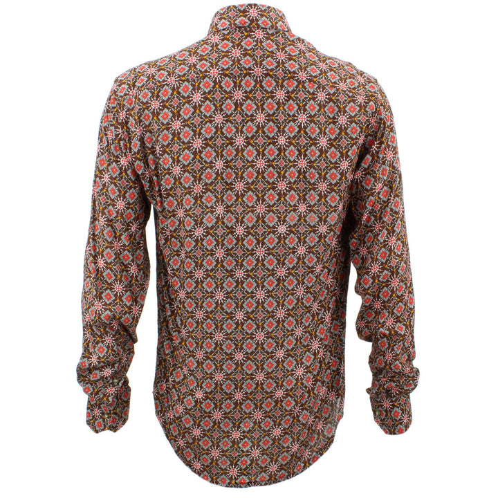 Tailored Fit Long Sleeve Shirt - Red & Grey Abstract on Brown