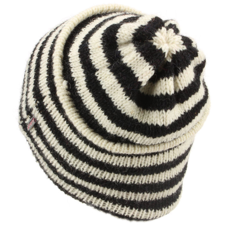 Wool Knit Ridge Beanie Hat with Fleece Lining - White & Black