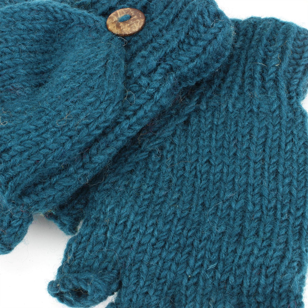 Chunky Wool Knit Fingerless Shooter Gloves - Plain - Teal