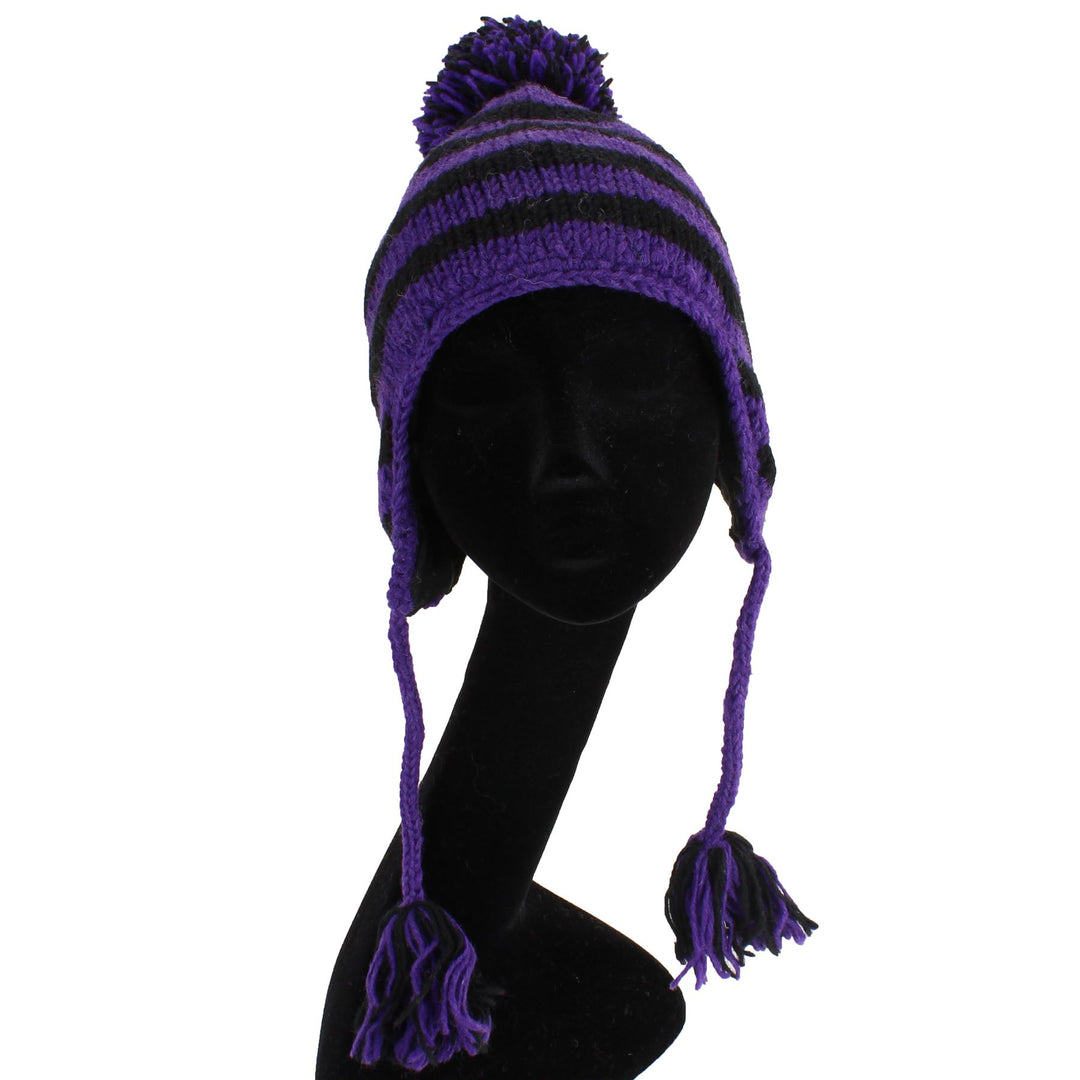 Wool Knit Earflap Bobble Hat - Stripe Purple Black