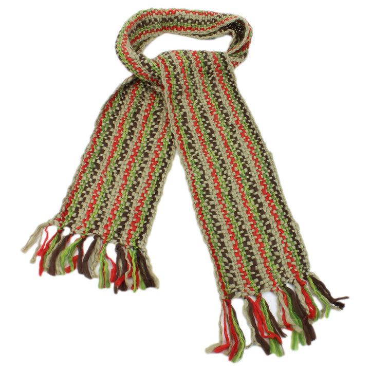 Long Chunky Knit Acrylic Scarf - Beige, Red & Green