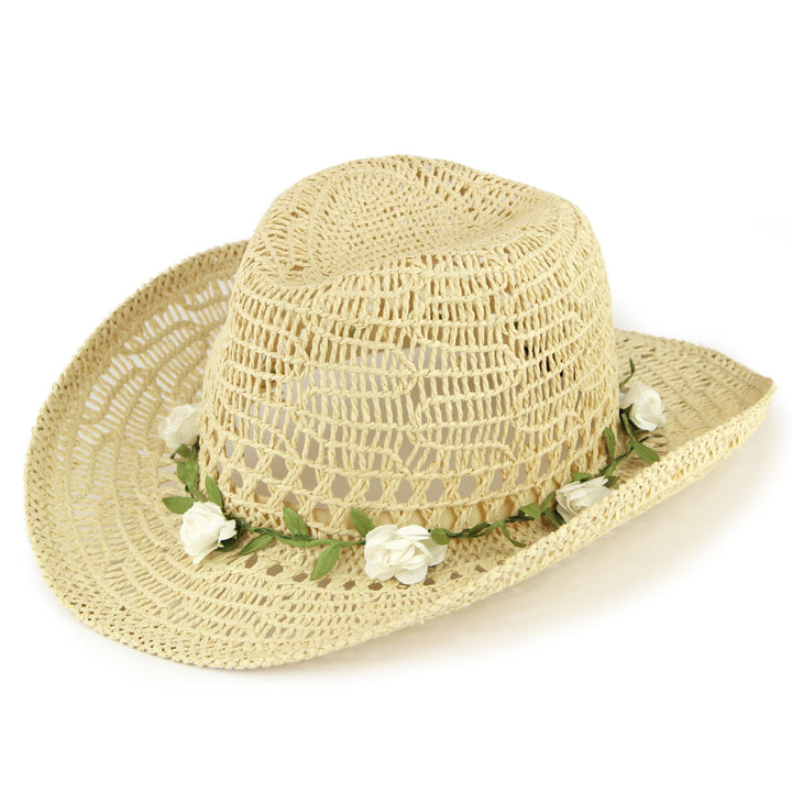 Straw Paper String Cowboy Hat with Flower Garland