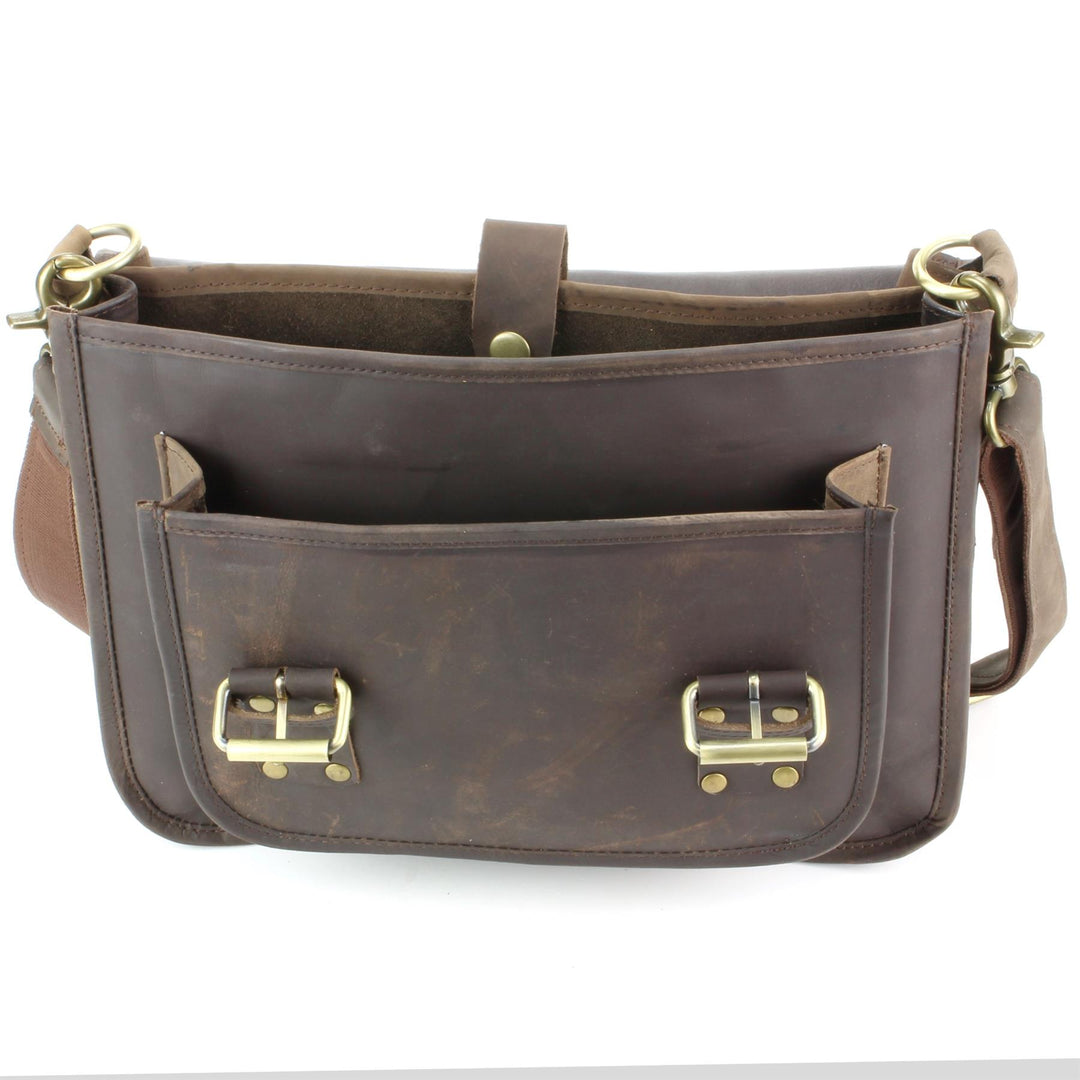 Real Leather Two Compartment Satchel - Dark Brown