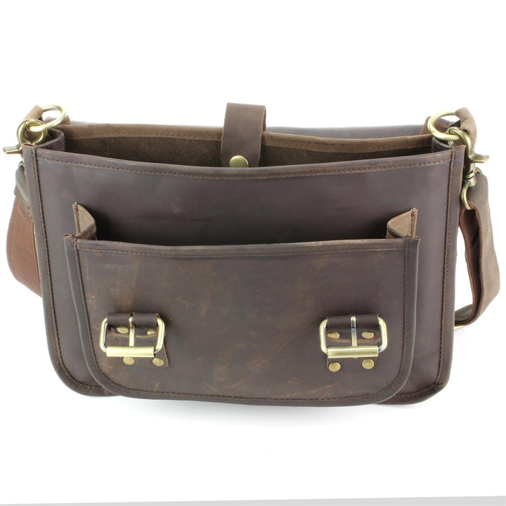 Real Leather Two Compartment Satchel - Dark Brown