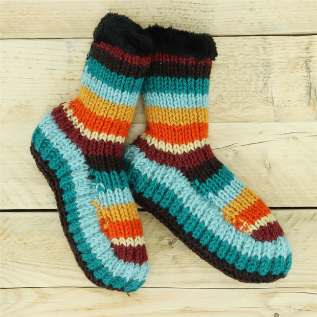 Hand Knitted Wool Slipper Socks - Stripe Retro D