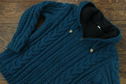 Handmade Wool Cable Knit Hooded Jacket - Teal