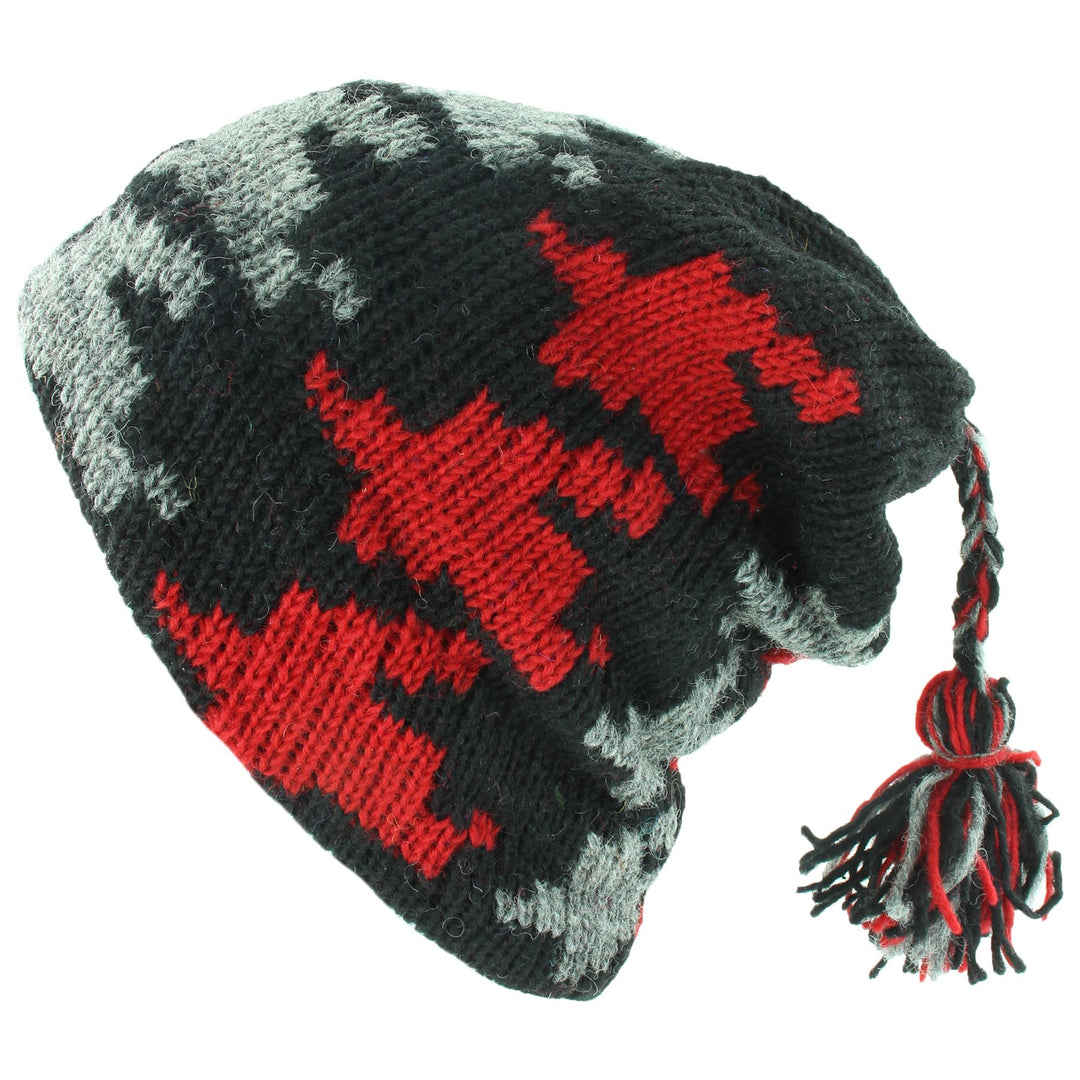 Wool Knit Tassel Beanie Hat - Red Houndstooth