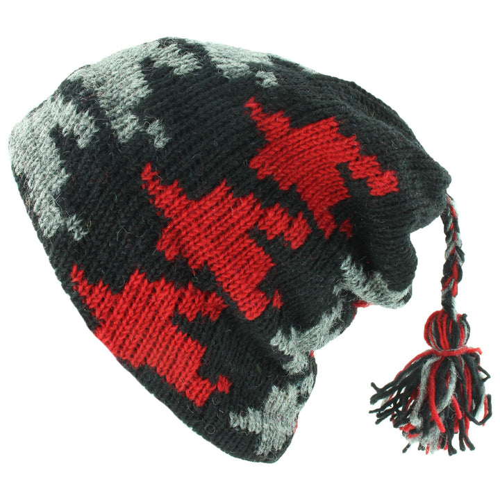 Wool Knit Tassel Beanie Hat - Red Houndstooth