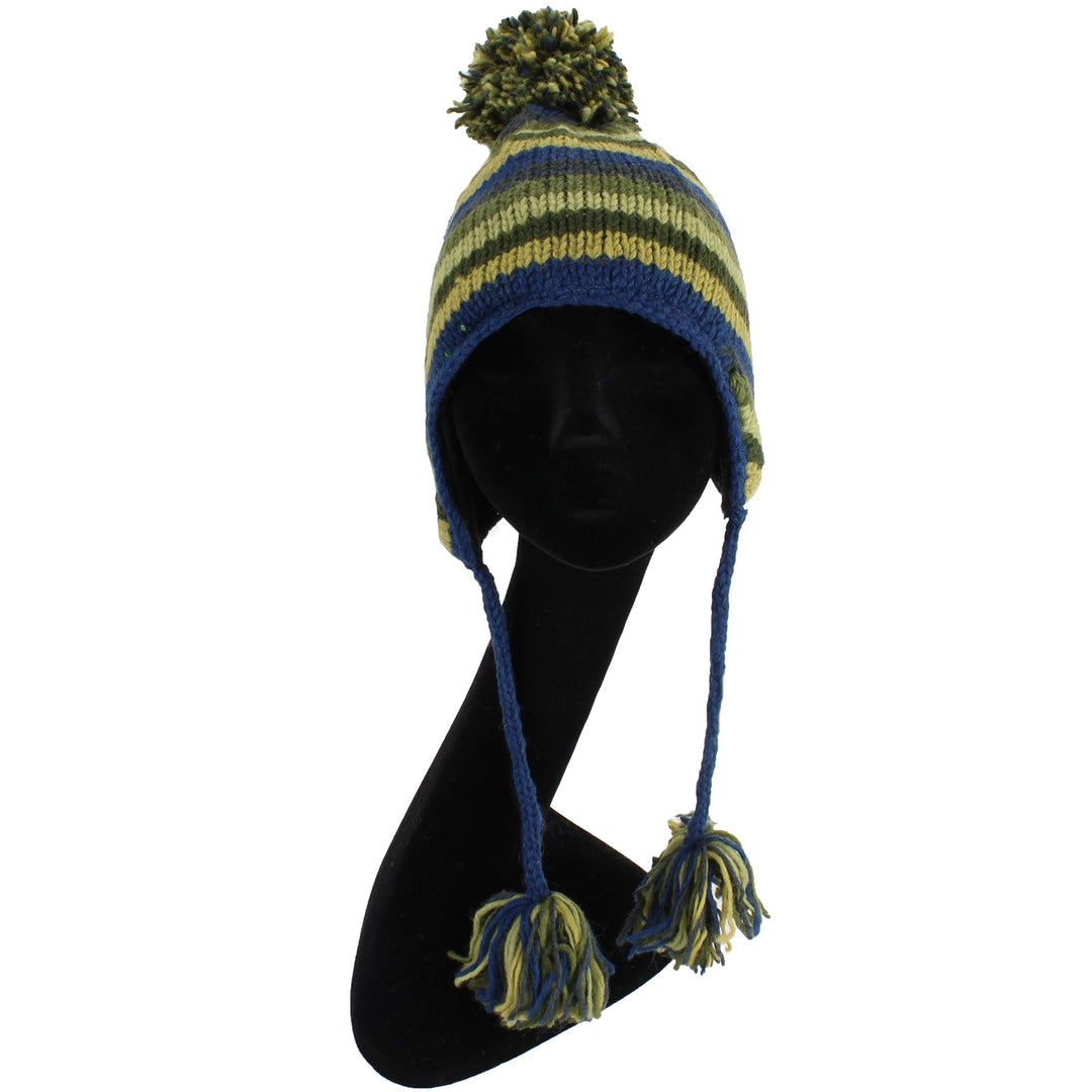Wool Knit Earflap Bobble Hat - Stripe Blue Green
