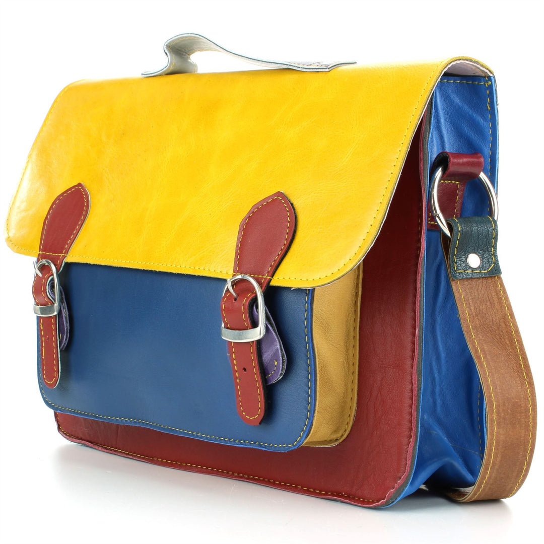 Real Leather Colourful Satchel Messenger Shoulder Bag - Yellow & Blue Mix