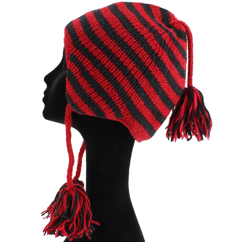 Wool Knit Earflap Tassel Hat - Stripe Red Black