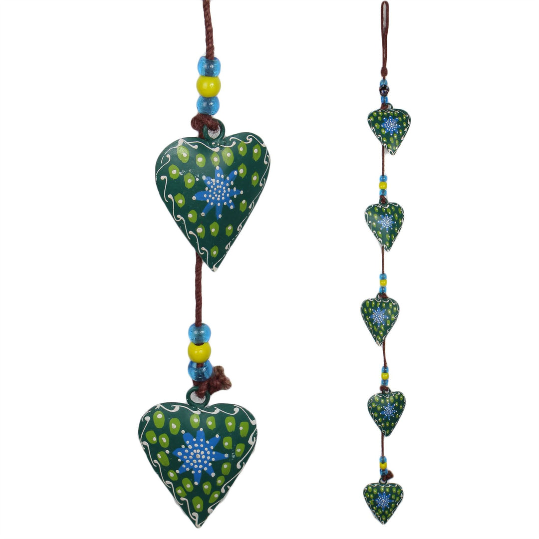 Hanging Mobile Decoration String of Hearts - Green - Brown String