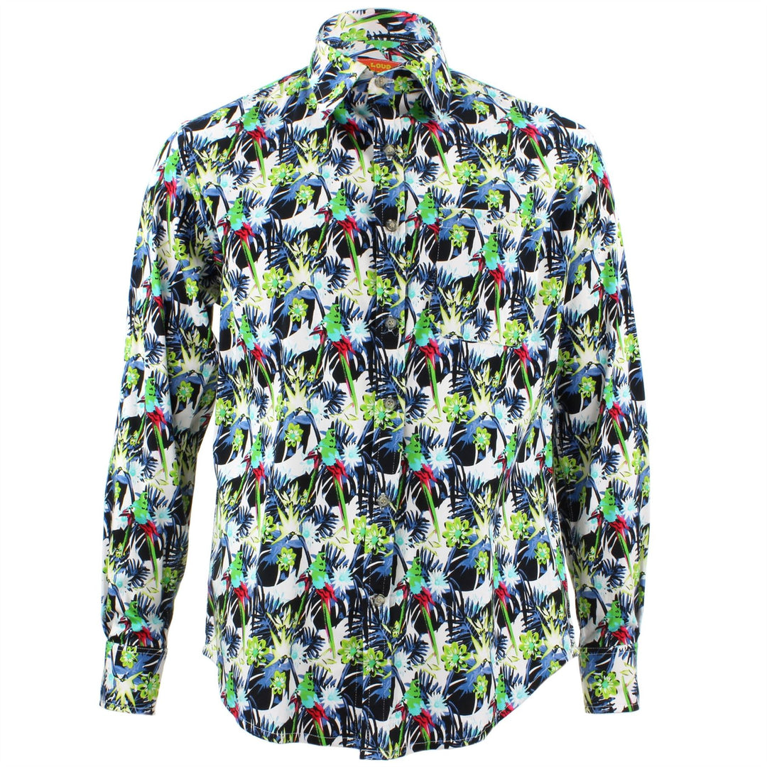 Tailored Fit Long Sleeve Shirt - Black Blue & Green Palms & Parrots