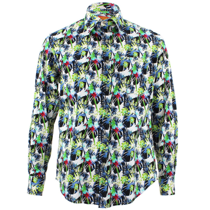 Tailored Fit Long Sleeve Shirt - Black Blue & Green Palms & Parrots