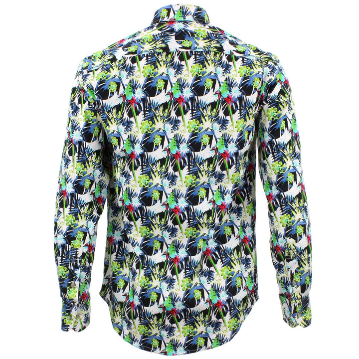 Tailored Fit Long Sleeve Shirt - Black Blue & Green Palms & Parrots