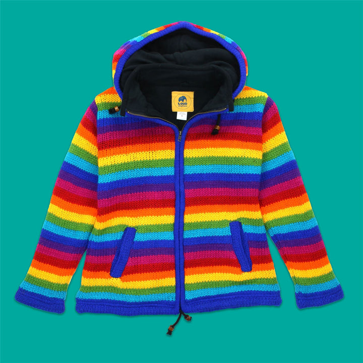 Hand Knitted Wool Hooded Jacket Cardigan Ladies Cut - Stripe Bright Rainbow