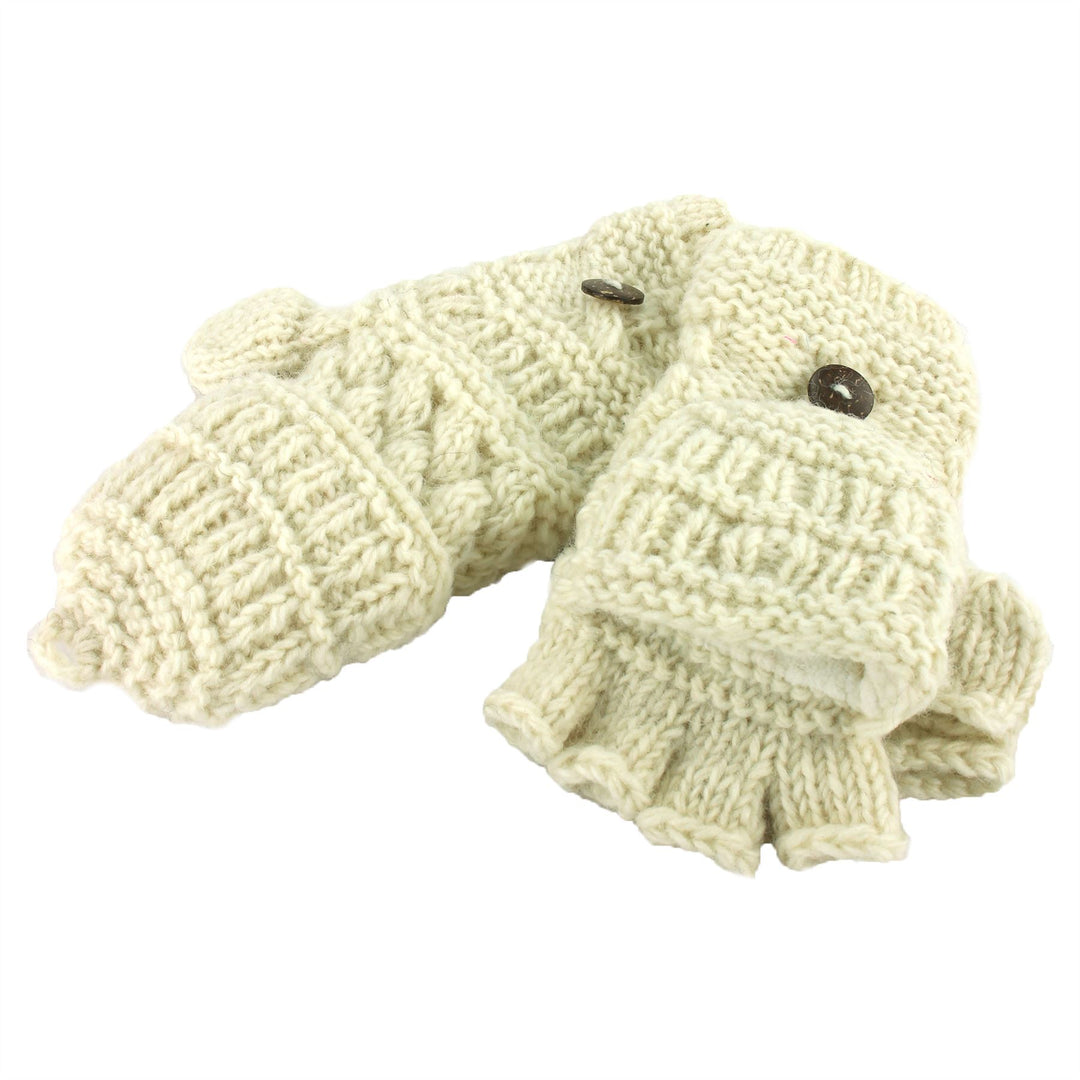 Chunky Wool Fingerless Shooter Gloves - Mixed Knits - Cream