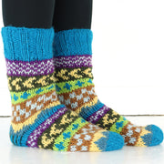Hand Knitted Wool Slipper Socks Lined - Chevron Blue