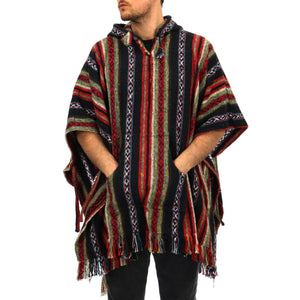 Brushed Cotton Hooded Poncho - Black Red