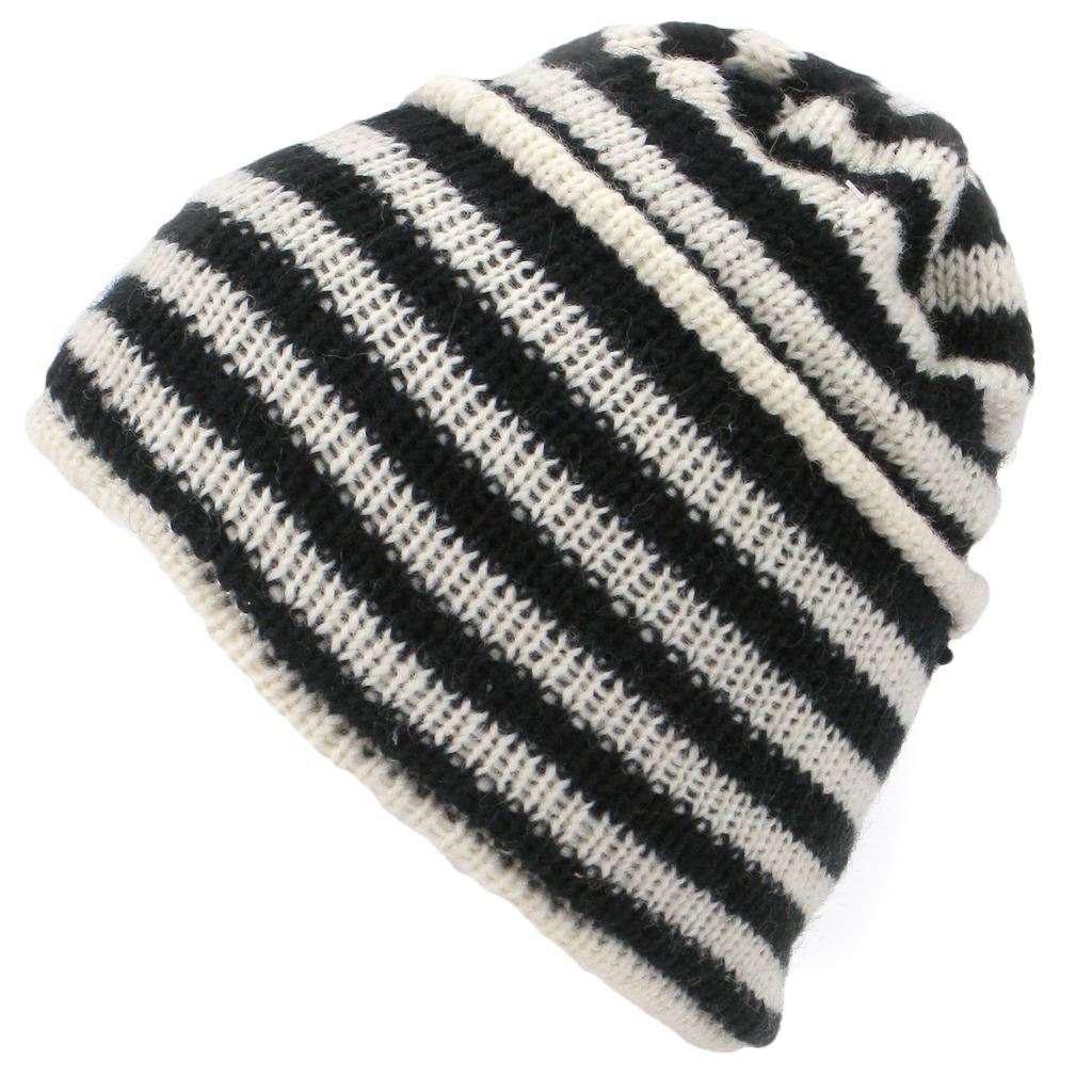 Wool Knit Ridge Beanie Hat with Fleece Lining - White & Black