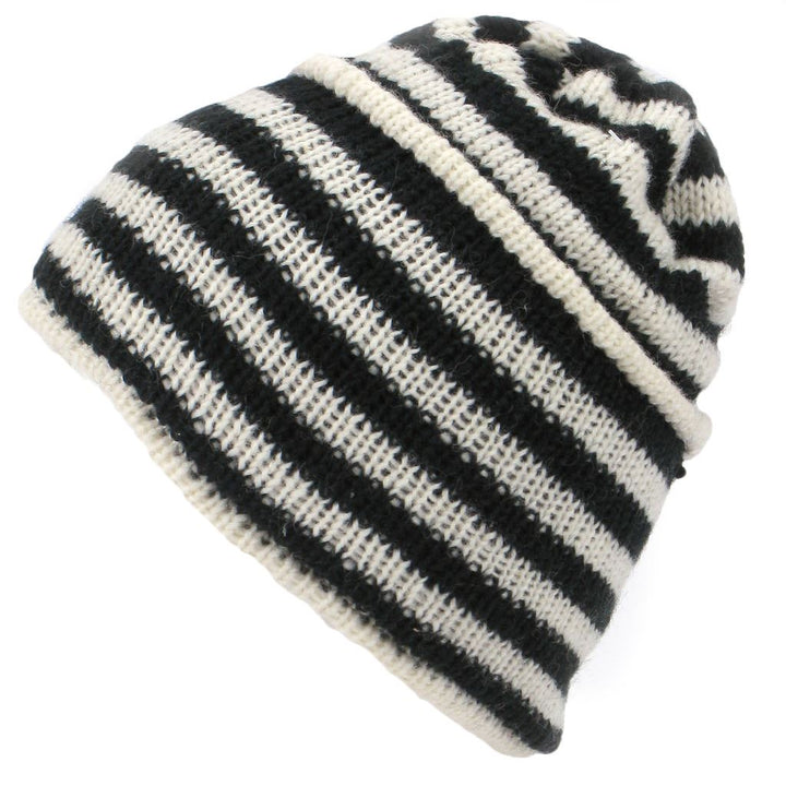 Wool Knit Ridge Beanie Hat with Fleece Lining - White & Black